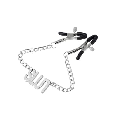 Par de Grampos para Mamilos com Regulagem e Pingente Escrito "SLUT" - 3R Import