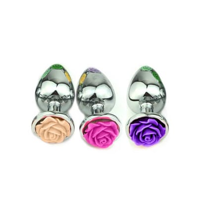 Plug Anal Cônico Prateado com Enfeite de Flor - Tamanho G | Disponível em 3 Cores