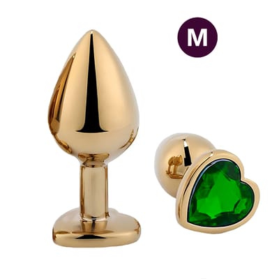 Plug Anal Dourado "M" no Formato Cônico com Detalhe de Pedra Brilhante na Base de Coração | 7 x 3,3 cm | Disponível em 9 Cores