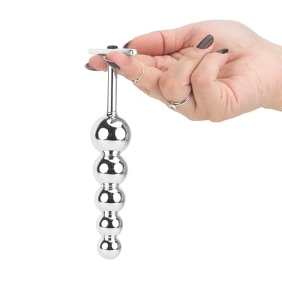 Plug Anal Escalonado em Metal com 5 Esferas de Tamanhos Gradativos e Suporte para Pegada - Hard Plug Ball | 14,8 x 3 cm | Disponível em 3 Cores