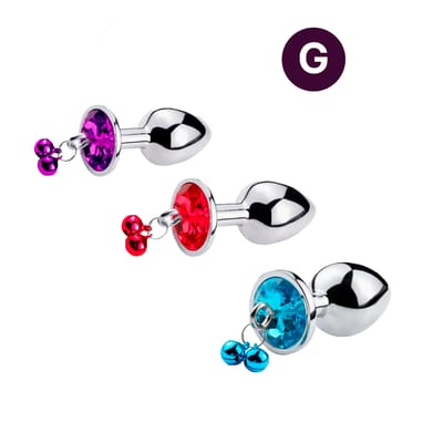 Plug Anal "Tamanho G" em Aço com Pedra de Cristal, Sino e Guia de Corrente | 6 x 4 cm | Disponível em 3 Cores