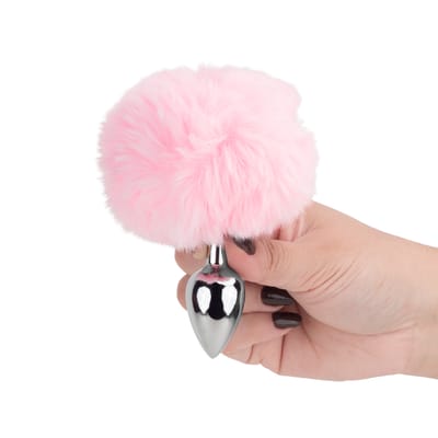 Plug Anal "P" em Aço Inoxidável com Pompom | 6 x 2,7 cm | Disponível em 8 Cores