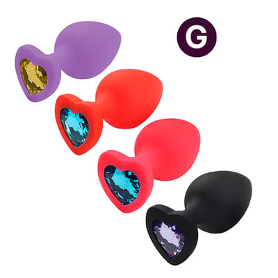 Plug Anal em Silicone no Tamanho "G" com Pedra Brilhante na Base no Formato de Coração - SI | 7,7 x 4,1 cm | Disponível em 4 Cores