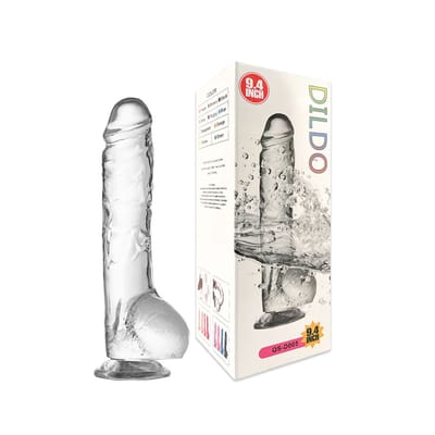Prótese em TPE Transparente no Formato Realístico de Pênis, com Glande, Veias, Escroto e Ventosa - Glassy Dildo "9,4" | 16,5 x 3,7 cm
