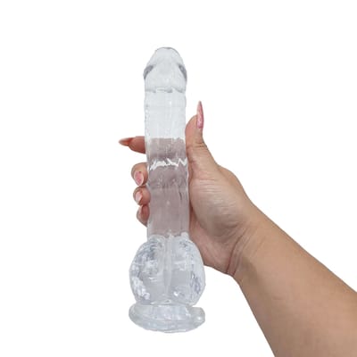 Prótese em TPE Transparente no Formato Realístico de Pênis, com Glande, Veias, Escroto e Ventosa - Glassy Dildo "9,4" | 16,5 x 3,7 cm