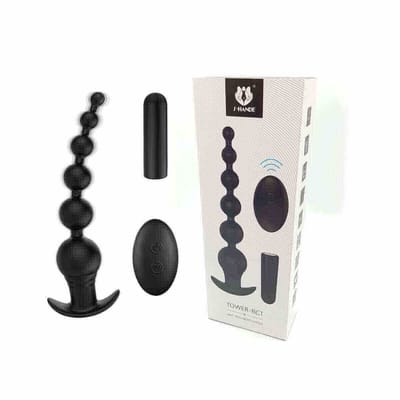 Plug Anal Recarregável Escalonado em Silicone com 9 Modos de Vibrações, Controle Remoto sem Fio e Certificação IPX7 À Prova De Água - S-Hande Tower-RCT - 20,5 x 4 cm | Cor: Preto