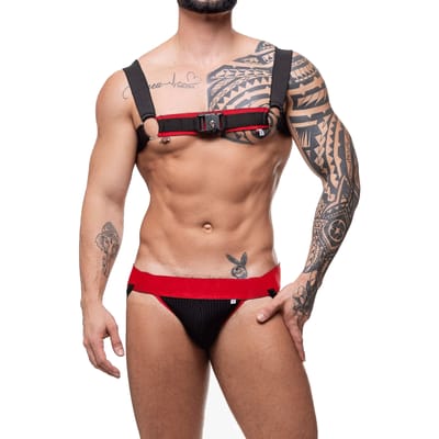 Cueca Jock Strap Preto com Vermelho de Suplex Canelado - Steves Designer | Tamanho Único