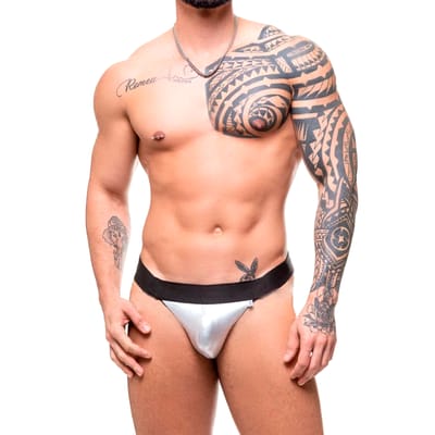 Cueca JockStrap Tapa Sexo Sado Prata em Couro Sintético - Steves Designer