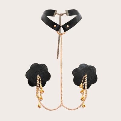 Tapa Sexo de Luxo com coleira em PU, Corrente e Strass - Pleasure Dreams Nipples Pasties