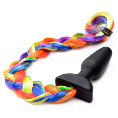Plug Anal em Formato Cônico em Silicone com Base de Segurança e Cauda Cor de Arco-Íris - Topo Toys | 9 x 3,3 cm