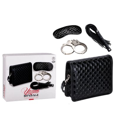 Kit com Bolsa para Armazenar o Kit, Venda, Algema em metal e Chicote em Couro Sintético - Ultimate Bondage