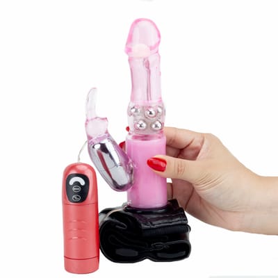 Cinta Ajustável com Vibrador Rotativo, 7 Velocidade de Vibração, Rotação e Estimulador Clitoriano em Forma de Coelho - Ultra Harness | 13 x 3,5 cm