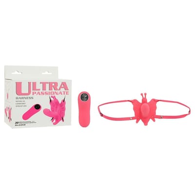 Vibrador em Forma de Borboleta com Mini Pênis, 29 Modos de Vibração e Alças Para o Quadril - Ultra Passionate Harness | 6,3 x 2,7 cm
