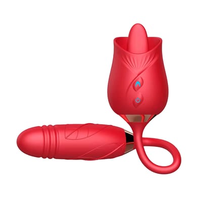 Vibrador Duplo Flexível em Silicone com 10 modos de Vibração, Movimento de Vai e Vem e Língua Estimuladora - Rose Telescopic Vibrator | Disponível em 2 cores