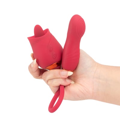 Vibrador Duplo Recarregável em Formato de Rosa com 10 Modos de Dedilhado e 10 Movimentos de Língua - SI Flowery | 9 x 2,2 cm | Disponível em 2 Cores