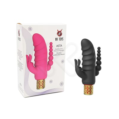 Vibrador de Ponto G com Estimulador de Clitóris em Forma de Coelho, Plug Anal Escalonado e 10 Modos de Vibração - ASTA NV TOYS - 7,4 x 3,4 cm