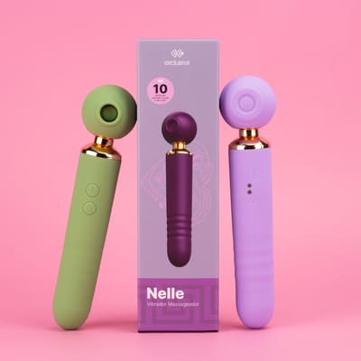 Vibrador Sugador 3 em 1 em Silicone com Motor Duplo, 10 Modos de Sucção, Pulsação e 10 Movimentos de Vai e Vem - Exclusiva Nelle | 9,5 x 2,8 cm | Disponível em 3 Cores