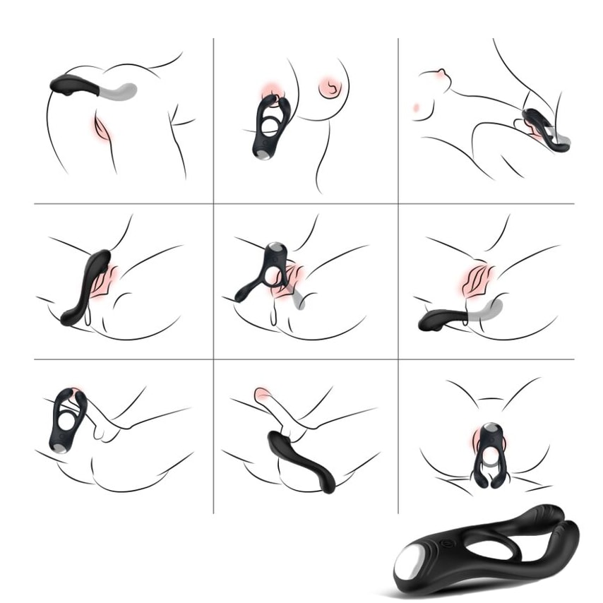 Anel Peniano com Estimulador de Clitóris, Próstata e Escroto em Silicone Flexível, 9 Modos de Vibração e Recarregável - Cock Ring | 3,1 cm - 6