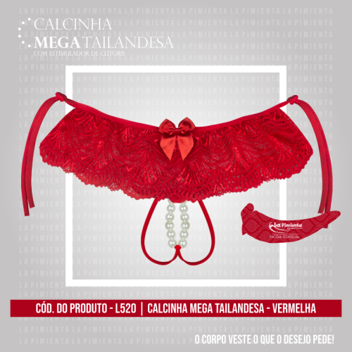 Calcinha Tailandesa em Renda e Tule com Estimulador Clitoriano em Pérolas  - La Pimienta Calcinha Mega Tailandesa - Tamanho Único | Disponível em 4 Cores - 4