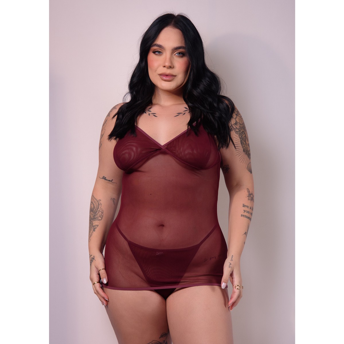 Camisola em Tule Transparente com Amarração e Calcinha Fio - Exclusiva Lingerie | Disponível em 3 Cores e 2 Tamanhos Plus Size - 3