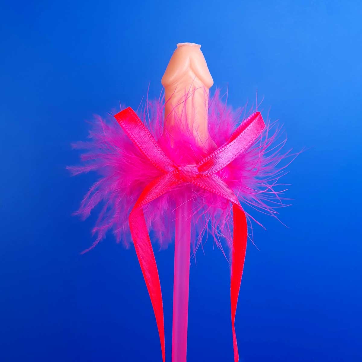 Canudo Varinha Mágica com Pluma, Laço e Mini Pênis Decorativo - FestaChic - 2
