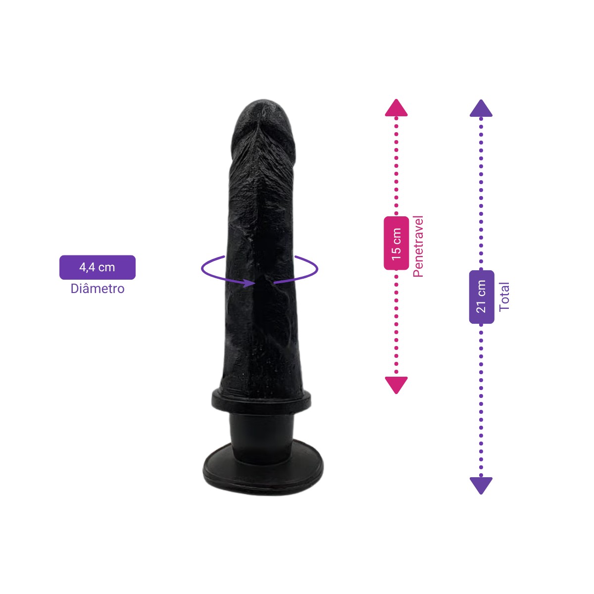 Prótese Peniana Realística em Silicone com Vibração Única, Leves Texturas de Veias, Ventosa e Glande Definida - InNamorata Versátil N°47 Black | 15 x 4,4 cm - 2