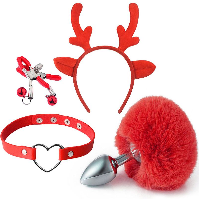 Kit Fetiche em Pelúcia com Tiara de Alce, Plug Anal com Pompom, Grampos Para os Seios com Guizo e Coleira de Coração - Sexy Import - 1