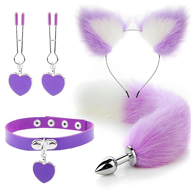 Kit Fetiche em Pelúcia com Tiara de Orelha, Plug Anal com Rabo de Raposa, Grampos Para os Seios e Coleira com Pingente de Coração - Sexy Import - 1