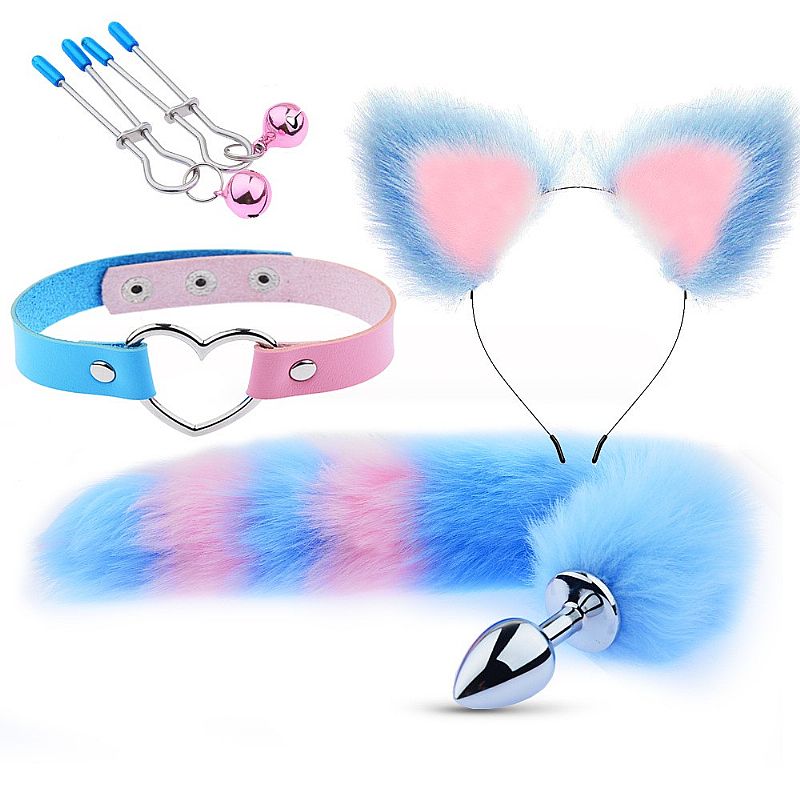 Kit Fetiche em Pelúcia com Tiara de Orelha, Plug Anal com Rabo de Raposa, Grampos Para os Seios e Gargantilha de Coração - Sexy Import - 1