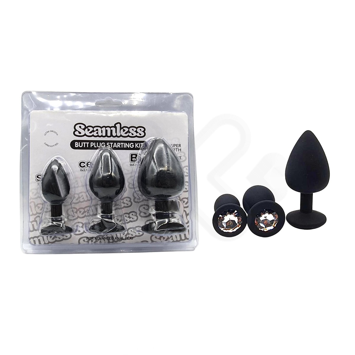 Kit Plug Anal em Silicone com Tamanhos Diferentes e Joia em sua Base - Seamless Butt Plug Starting Kit | Disponível em 8 Cores - 8