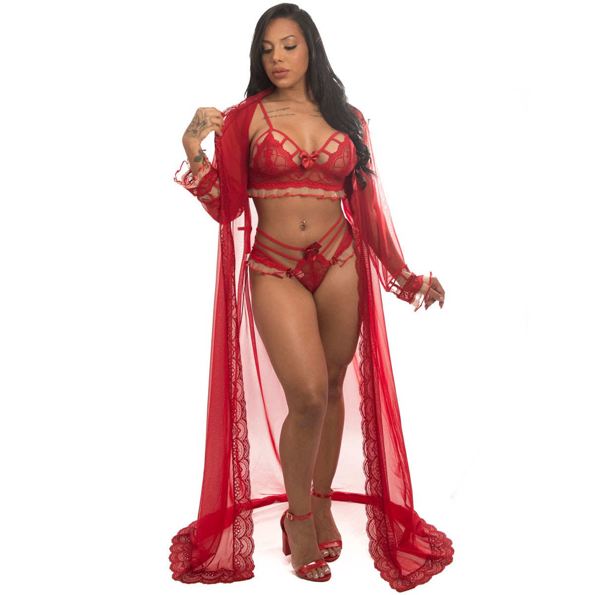 Conjunto Lauren com Robe em Tule e Detalhes de Renda - Lingerie Amor e Sedução | Disponível em 3 Cores e 4 Tamanhos - 3