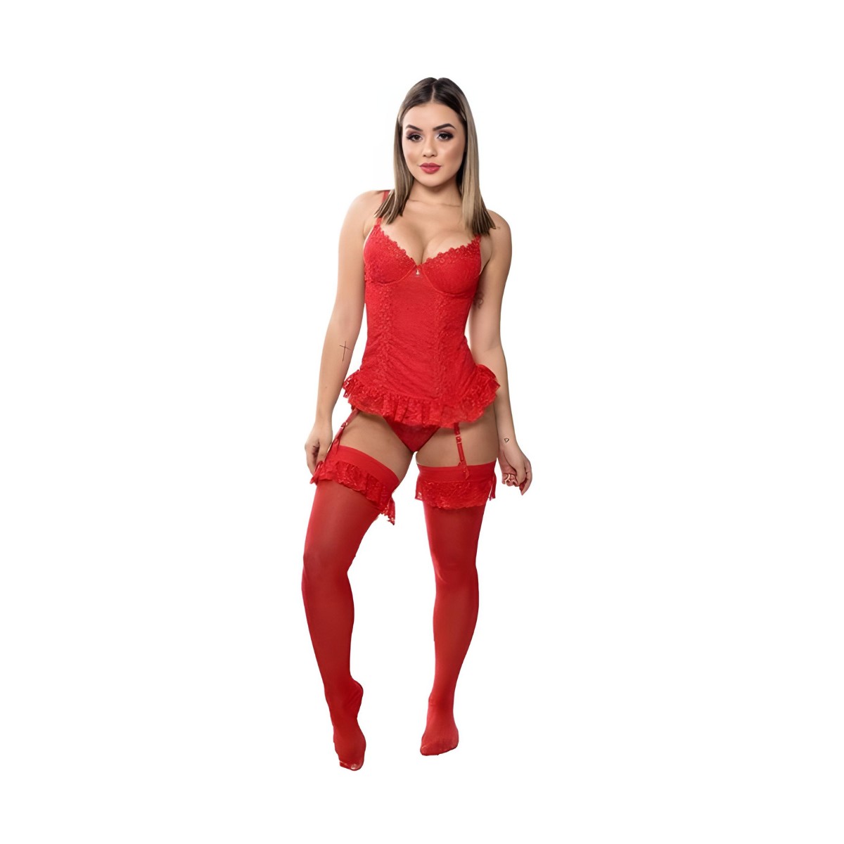 Espartilho em Renda com Aplicação em Guipir, Calcinha Fio Dental e Ligas - Lingerie Flor da Rosa | Disponível em 4 Cores e 5 Tamanhos - 4