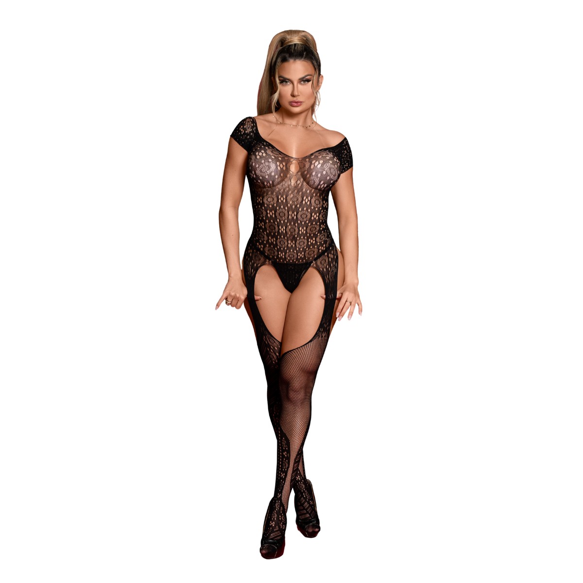 Macacão em Arrastão com Meia Calça Integrada, Decote Canoa e Tramas Geométricas - Yaffa Lingerie | Tamanho Único - 2