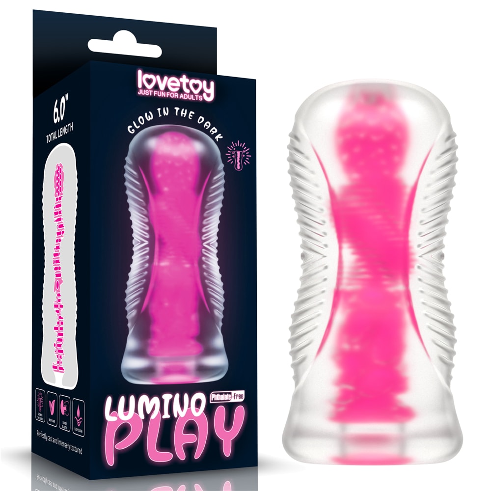 Masturbador em TPE Transparente com Efeito Fosforescente e Texturas - Lovetoy Lumino Play Pink Glow 6.0 | 14,7 x 3 cm - 2
