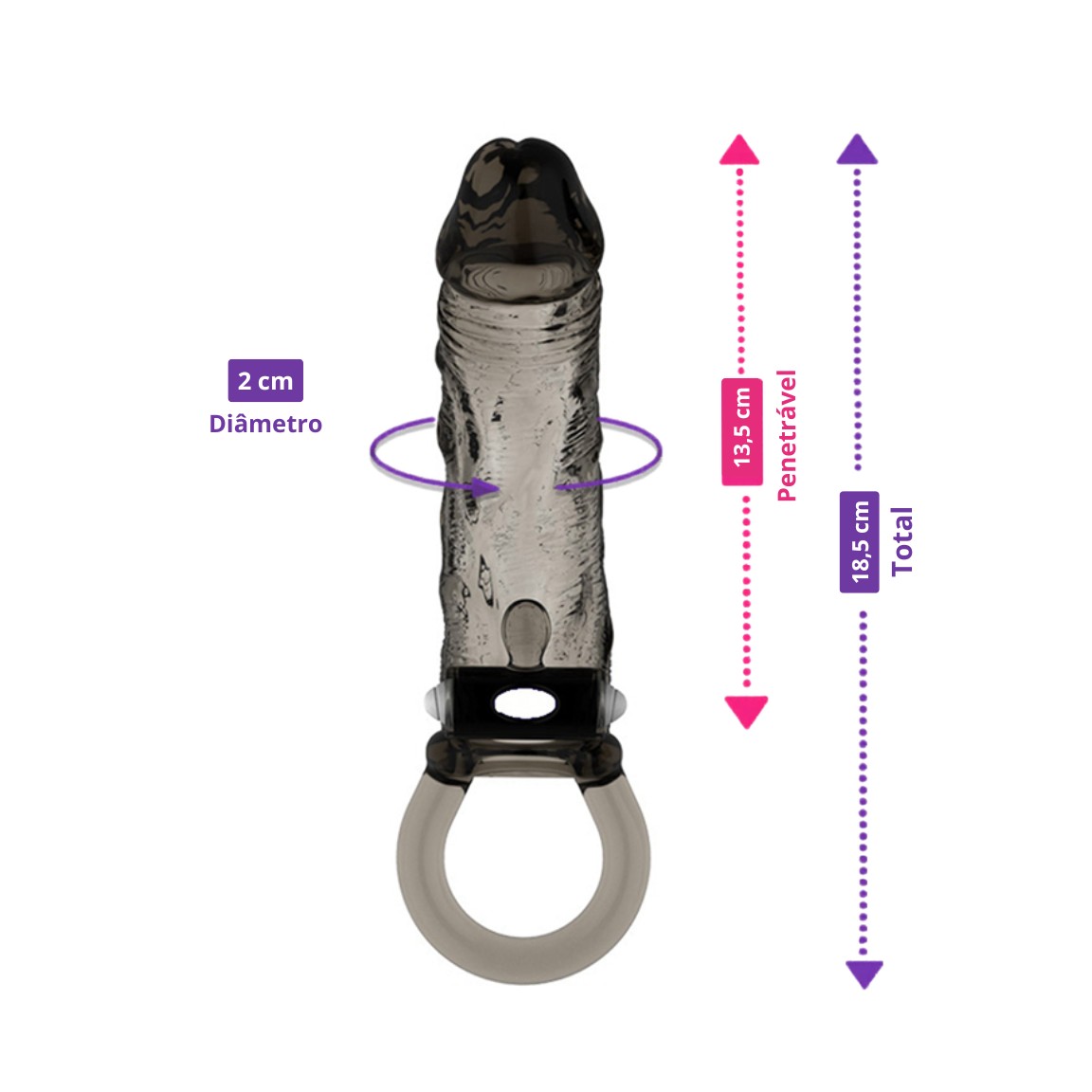 Capa Peniana com Preenchimento Interno e Vibração Única Preto Fumê - Penis Extender Black | 18,5 x 3,3 cm - 2