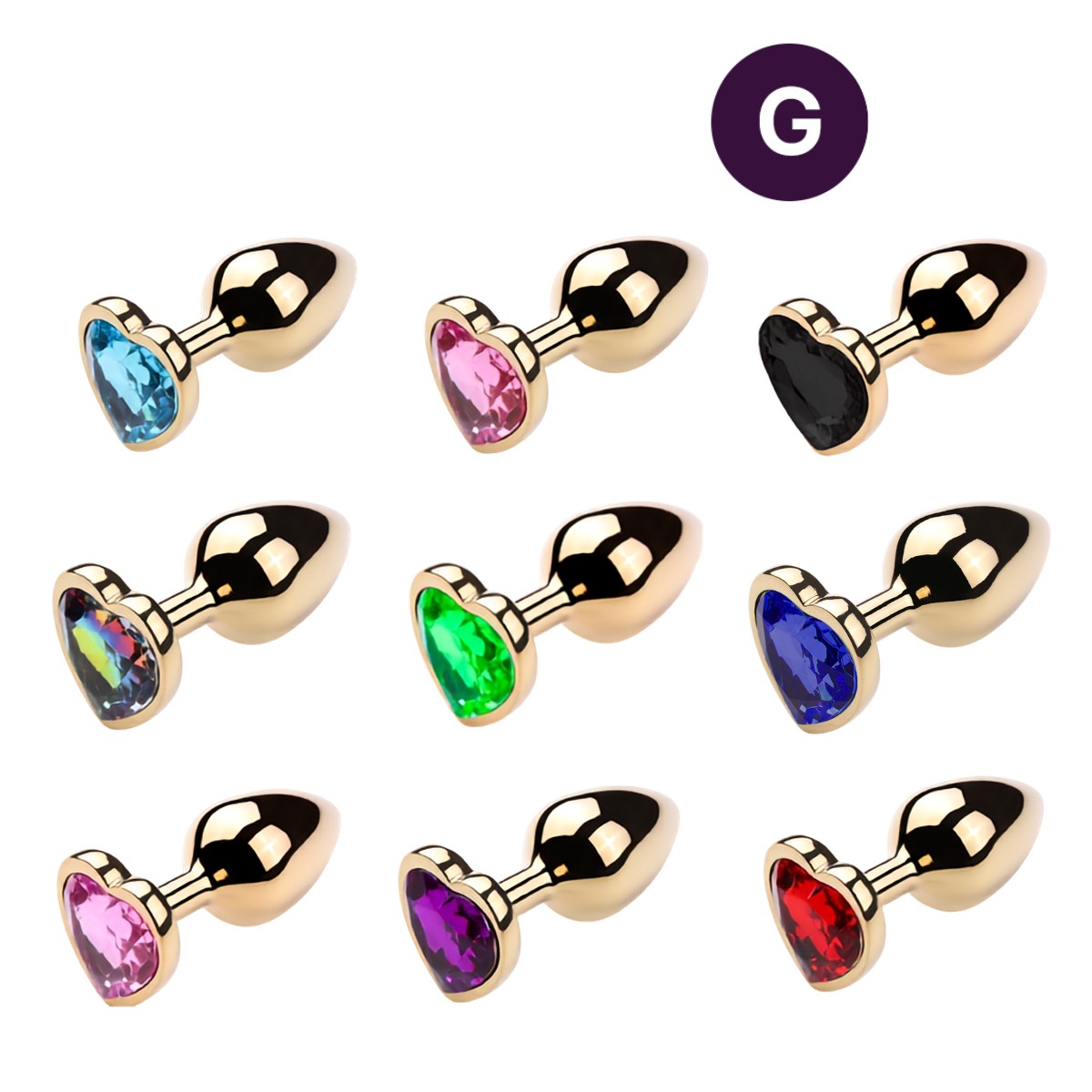 Plug Anal Dourado "G" no Formato Cônico com Detalhe de Pedra Brilhante na Base de Coração - 7,7 x 4 cm | Disponível em 9 Cores - 1