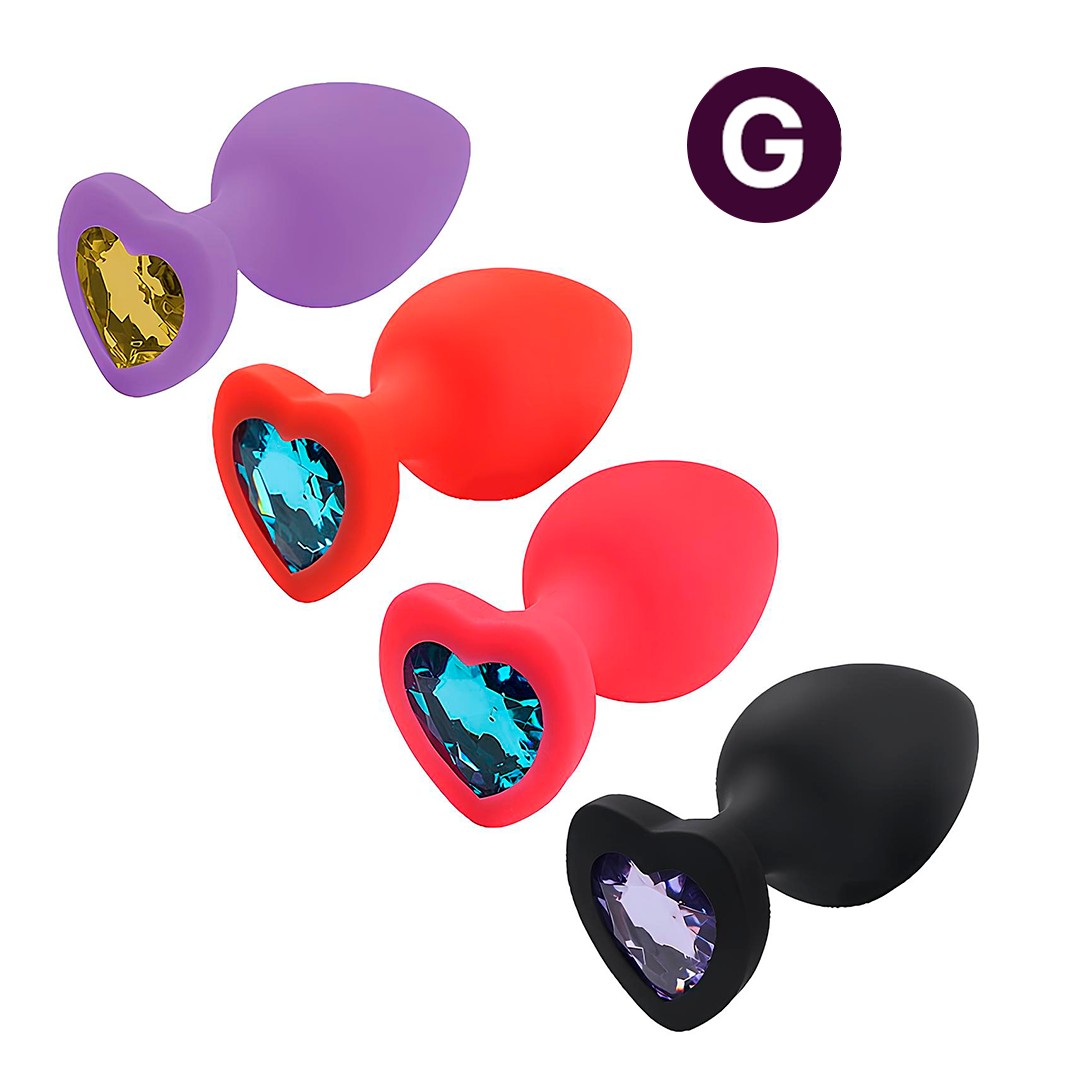 Plug Anal em Silicone no Tamanho "G" com Pedra Brilhante na Base no Formato de Coração - SI | 7,7 x 4,1 cm | Disponível em 4 Cores - 1