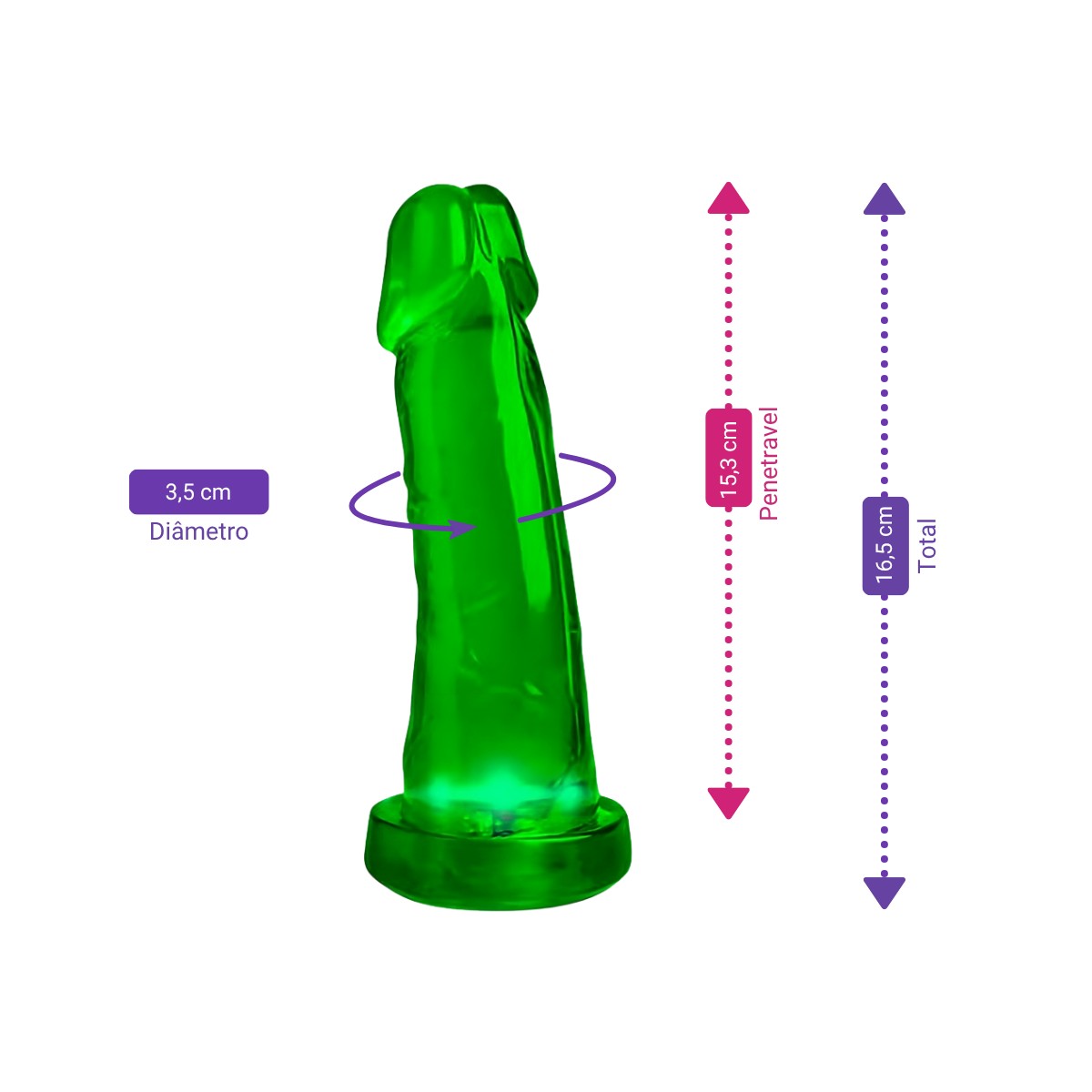 Prótese Peniana Realística em PVC com 3 Variações de Brilho em LED - Adão & Eva Just Glow | 15,3 x 3,5 cm | Disponível em 5 Cores - 2
