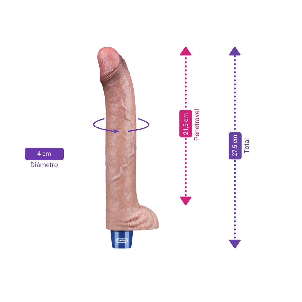 Prótese Peniana Recarregável em Silicone com Escroto, Glande Definida e 10 Modos de Vibração - Lovetoy Dual Layered 12" | 21,5 x 4 cm - 2