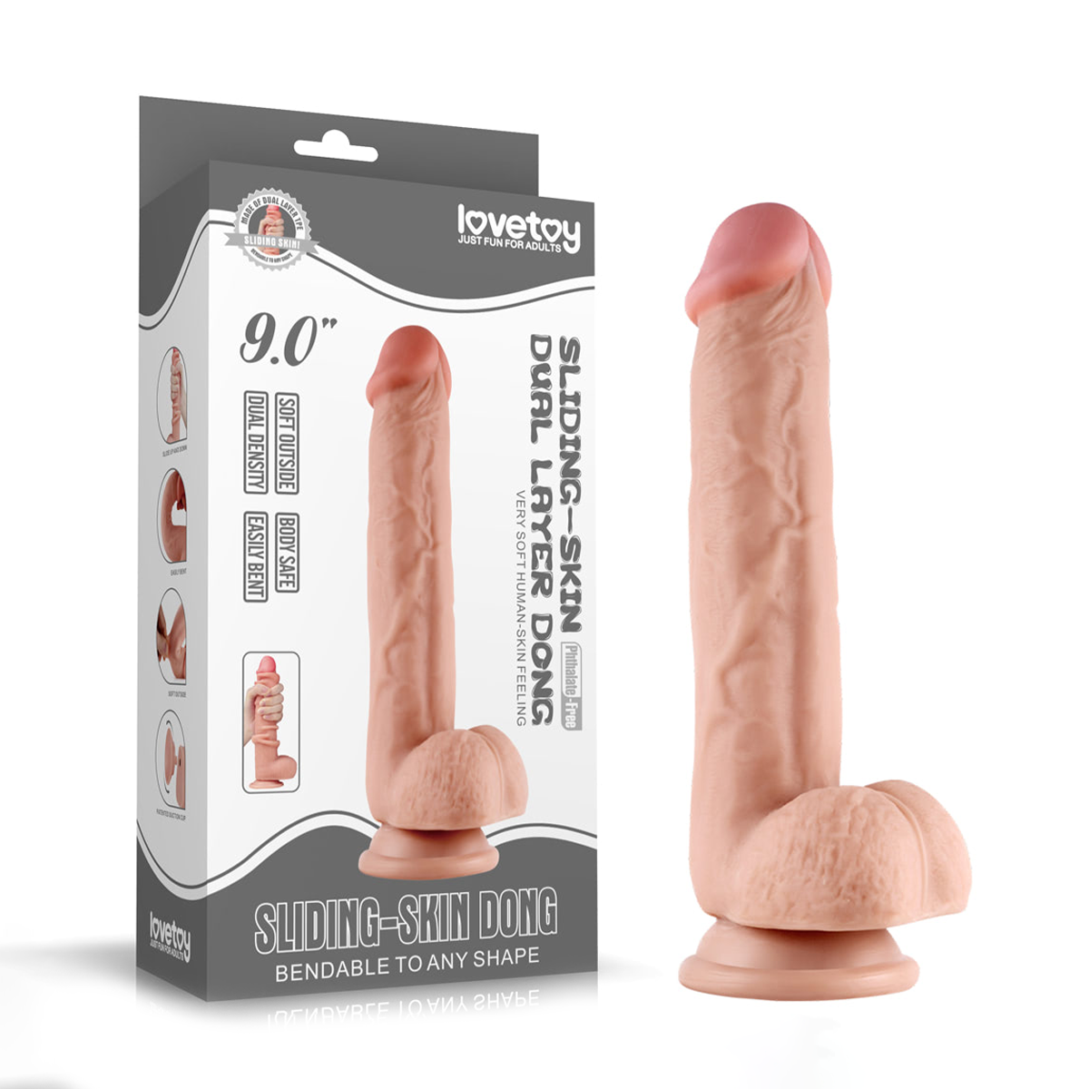 Prótese Realística com Pele Beliscável, Glande Definida, Veias, Escroto e Ventosa - Lovetoy Sliding-Skin Dong 9.0" | 17,8 x 4,5 cm | Disponível em 2 Cores - 3