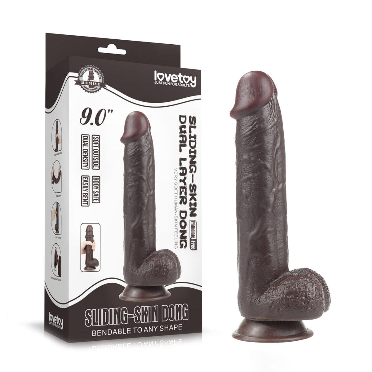 Prótese Realística com Pele Beliscável, Glande Definida, Veias, Escroto e Ventosa - Lovetoy Sliding-Skin Dong 9.0" | 17,8 x 4,5 cm | Disponível em 2 Cores - 9