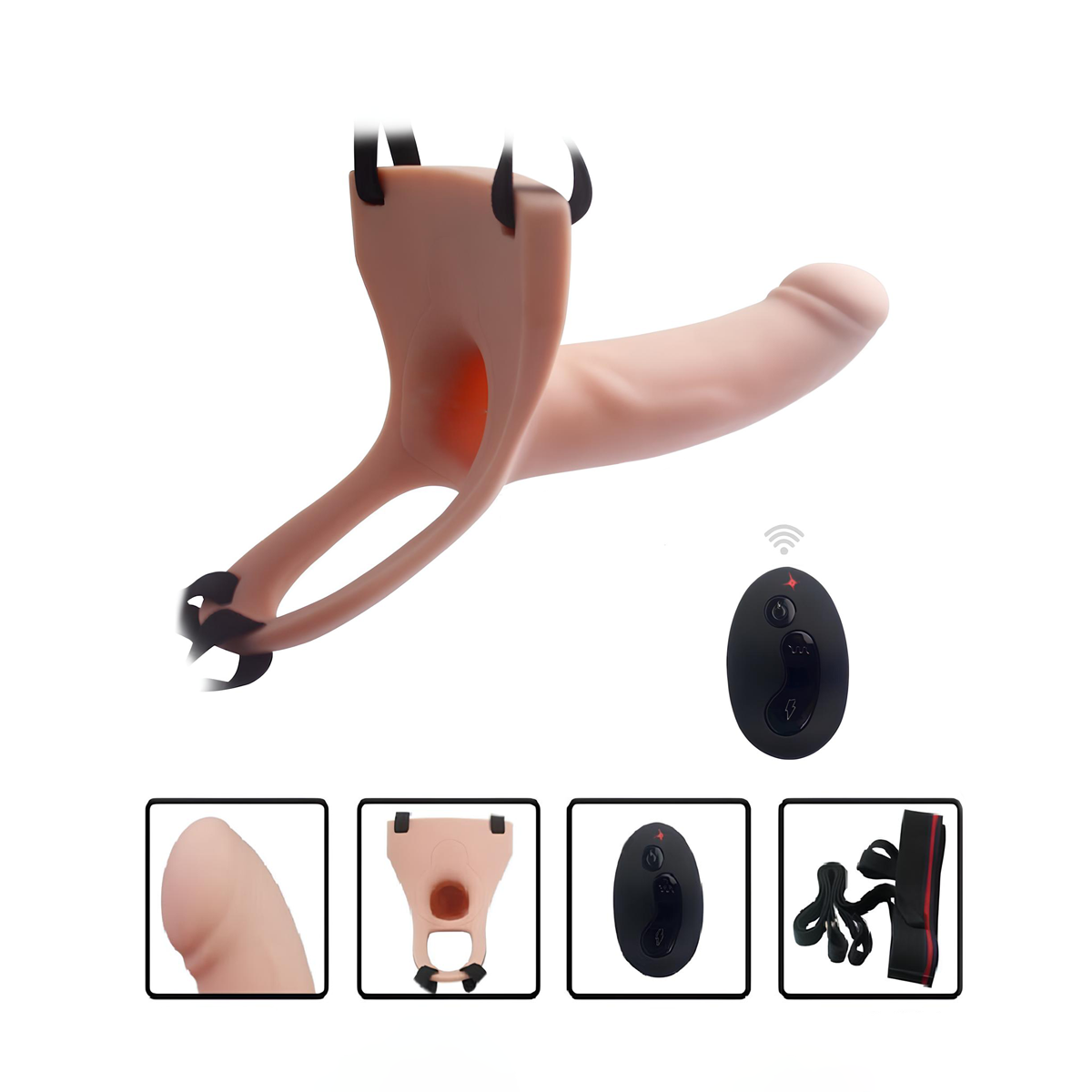 Capa Peniana com Glande Definida Preenchida, 10 Modos de Vibração, Modo Turbo, Controle Remoto e Cinta Ajustável - Aphrodisia Silicone Curved Dong | 13 x 3,2 cm - 10