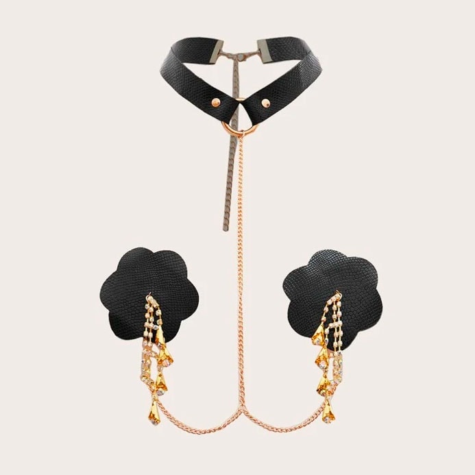 Tapa Sexo de Luxo com coleira em PU, Corrente e Strass - Pleasure Dreams Nipples Pasties - 4
