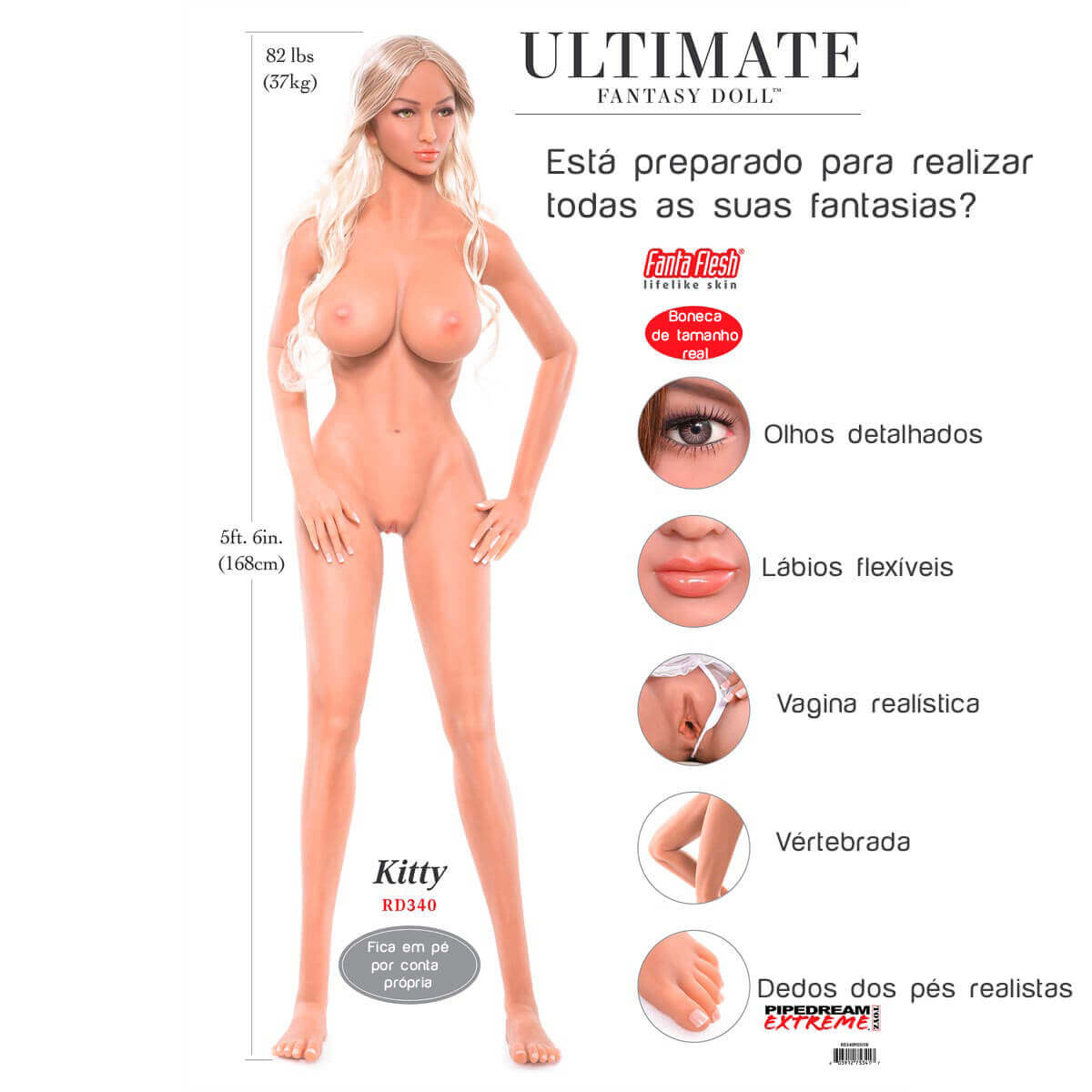 Ultimate Fantasy Doll Kitty - Boneca Realista Completa Feita em Fanta Flesh com Rosto Perfeito, Corpo de Modelo, Vértebras em Aço Inoxidável, Cabelos Loiros, Vibrador USB e 8 Acessórios - 37 Kg e 1,58 Metros de Altura - 24