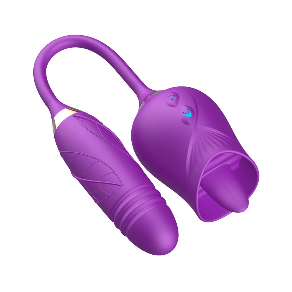 Vibrador Duplo Flexível em Silicone com 10 modos de Vibração, Movimento de Vai e Vem e Língua Estimuladora - Rose Telescopic Vibrator | Disponível em 2 cores - 10