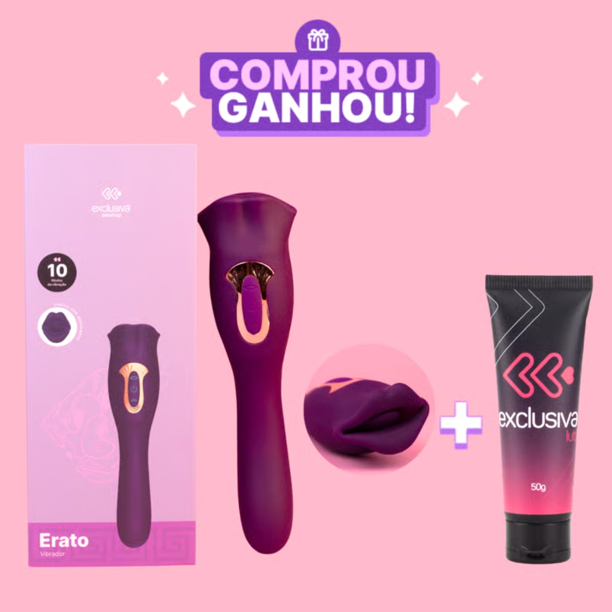 Vibrador Duplo Recarregável em Silicone com Formato de Boca, 10 Modos de Vibração e 10 Tipos de Sucção - Exclusiva Erato | 10 x 3,1 cm - 1