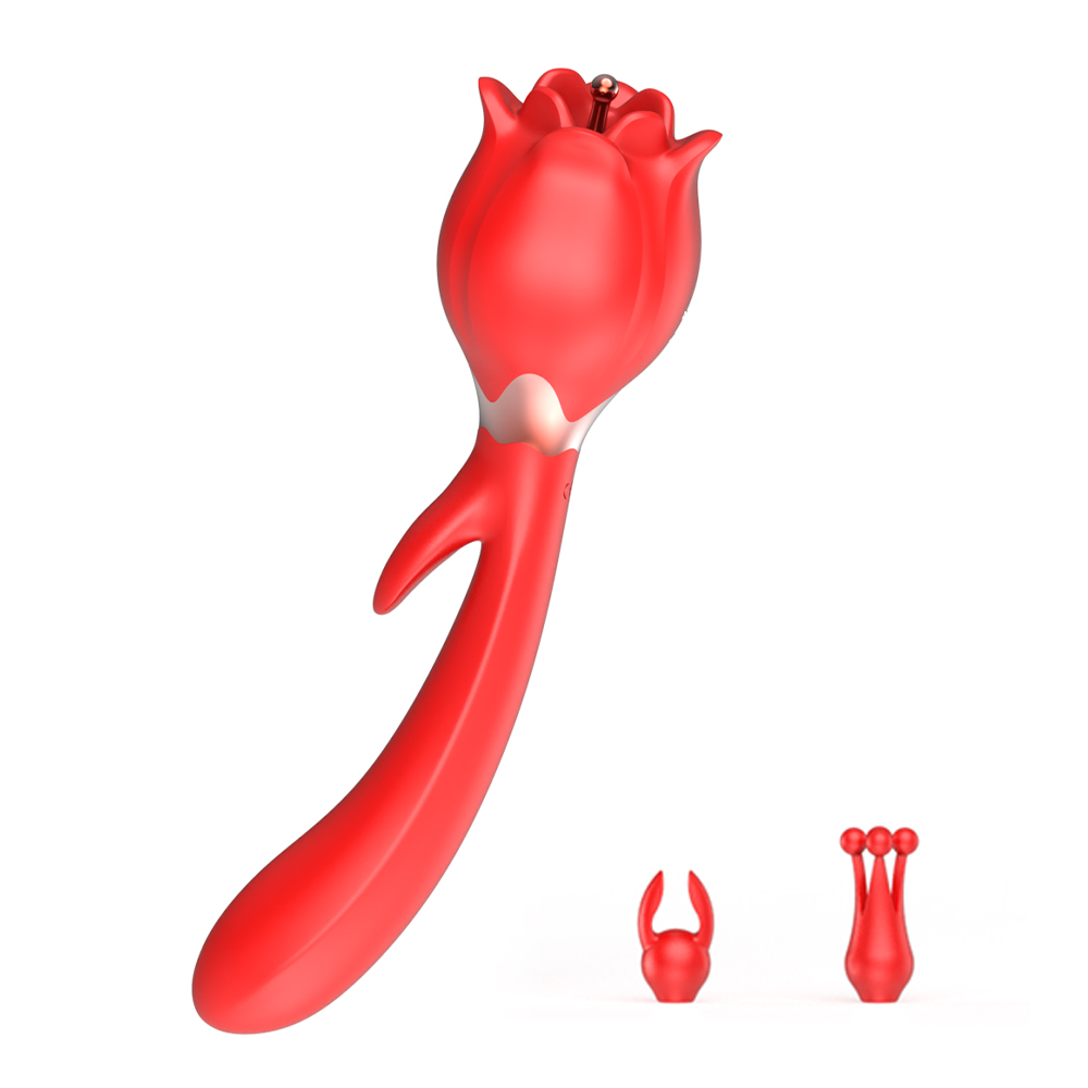 Vibrador de Ponto G e Estimulador Clitoriano em Formato de Rosa com Ponteira Estimuladora e 2 Capas, 10 Modos de Vibração e 3 Rotações - Lena | 13 x 3,4 cm | Disponível em 2 Cores - 1