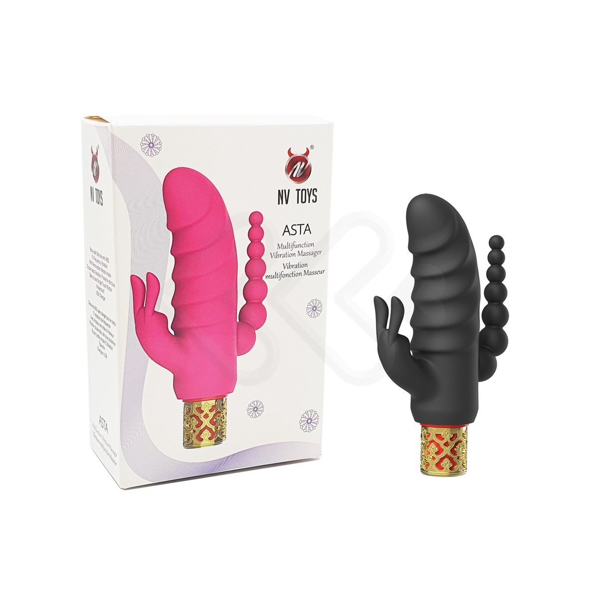 Vibrador de Ponto G com Estimulador de Clitóris em Forma de Coelho, Plug Anal Escalonado e 10 Modos de Vibração - ASTA NV TOYS - 7,4 x 3,4 cm - 1