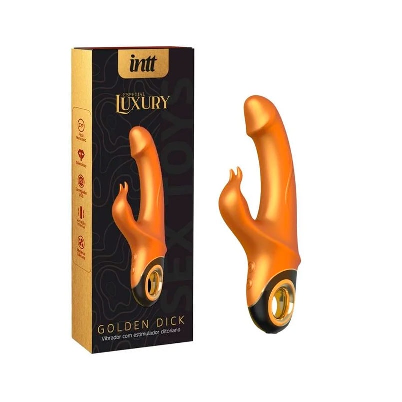 Vibrador de Ponto G em Formato de Prótese Realística e Coelho com 9 Modos de Vibração - Intt Toys Especial Luxury Golden Dick | 11,5 x 3,7 cm - 1