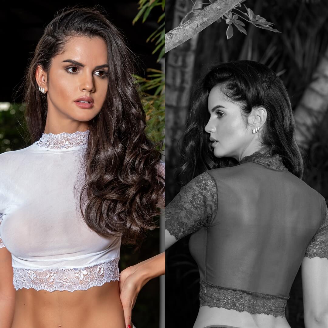 Yaffa Lingerie - Top Cropped Manga Curta em Tule Transparente com Detalhes em Renda - Tamanho Único | Disponível em 3 Cores - 3